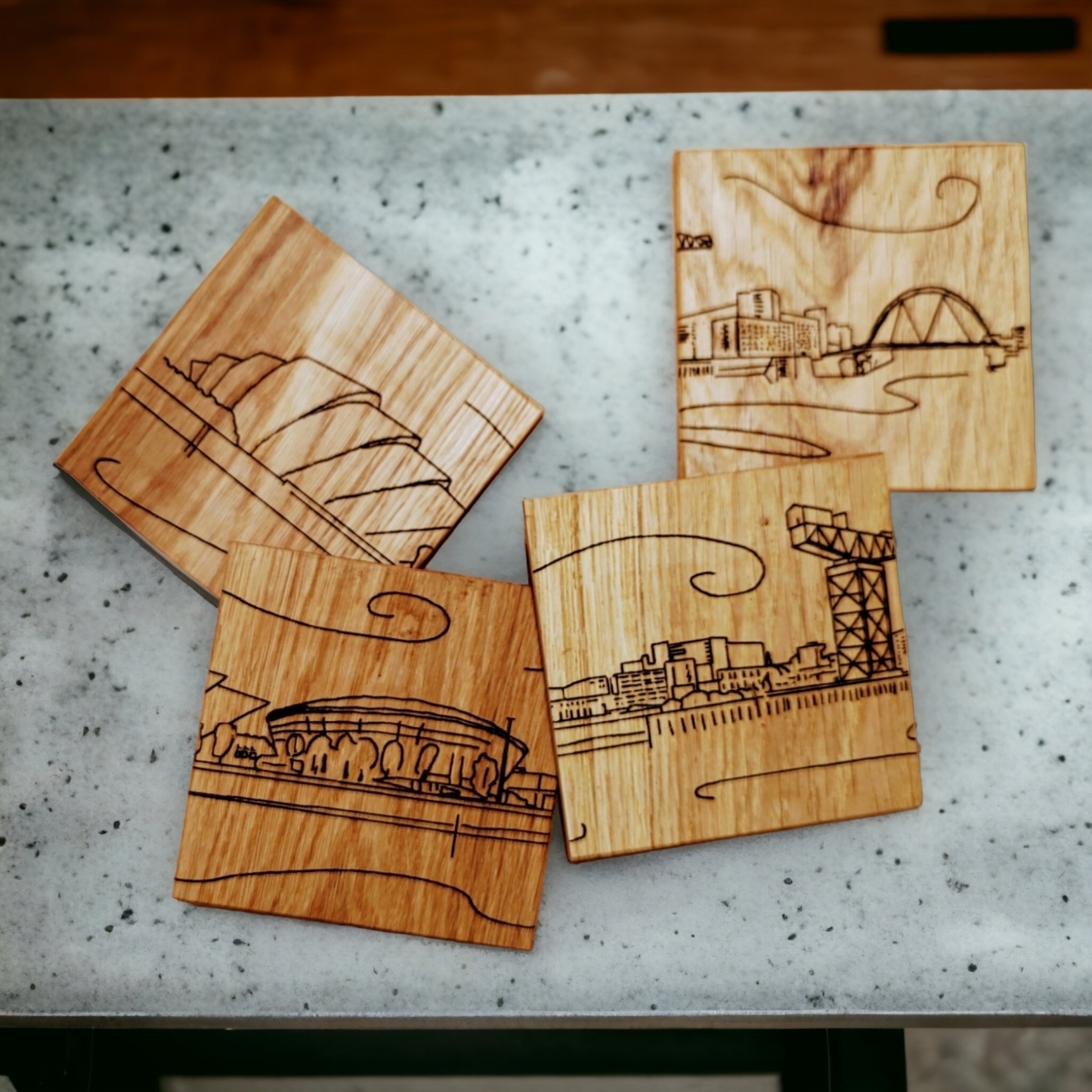 Scottish Sustainable Oak Coaster Set: Glasgow is Great design